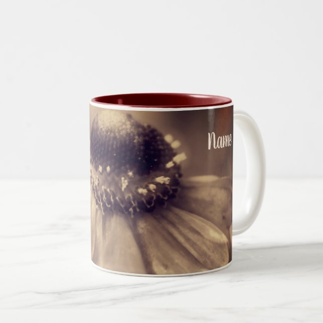 Aged Sepia Zinnia Flower Personalized Two-Tone Coffee Mug (Front Right)