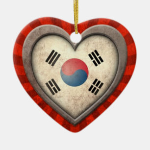 Aged South Korean Flag Heart with Light Rays Ceramic Ornament
