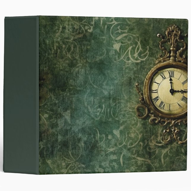 Aged Steampunk Mechanical Clockwork on Green 3 Ring Binder (Front/Spine)
