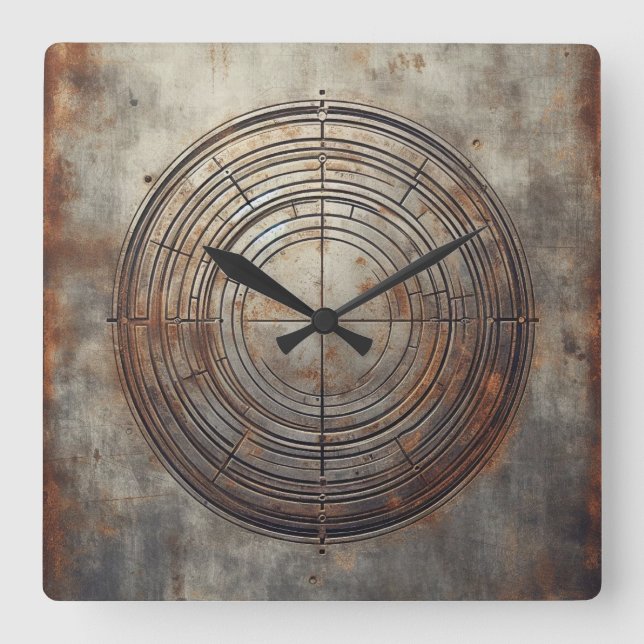 aged steel square wall clock (Front)