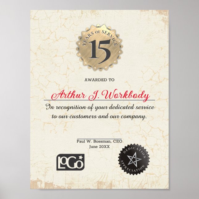 Aged stone gold employee anniversary certificate p poster (Front)