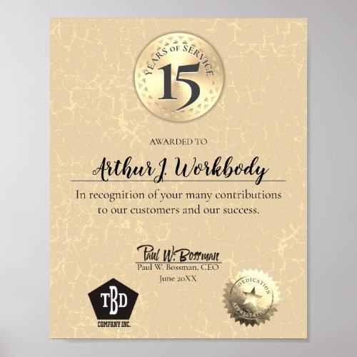 Aged stone gold employee anniversary certificate poster