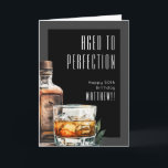 Aged To Perfection Birthday Card<br><div class="desc">A folded birthday card featuring a bold whiskey-themed design. The front has a deep black rectangle background with a dark gray frame around the edges, creating a strong, refined look. A watercolor whiskey bottle and glass sit on the side, with the phrase “Aged To Perfection” displayed at the top in...</div>