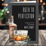 Aged To Perfection Birthday Card<br><div class="desc">A folded birthday card featuring a bold whiskey-themed design. The front has a deep black rectangle background with a dark gray frame around the edges, creating a strong, refined look. A watercolor whiskey bottle and glass sit on the side, with the phrase “Aged To Perfection” displayed at the top in...</div>
