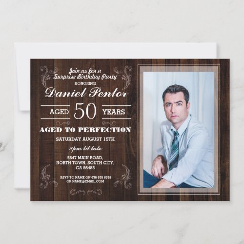 Aged To Perfection Birthday Mens Photo Wood Invitation