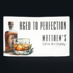 Aged To Perfection Birthday Party Banner<br><div class="desc">Aged To Perfection 50th Birthday Party Banner. Celebrate a milestone in style with this sophisticated birthday banner, featuring the same bold design as the original matchbox sticker. The layout highlights “Aged To Perfection” along with the birthday person’s name and age in elegant black fonts, set on a clean white background...</div>
