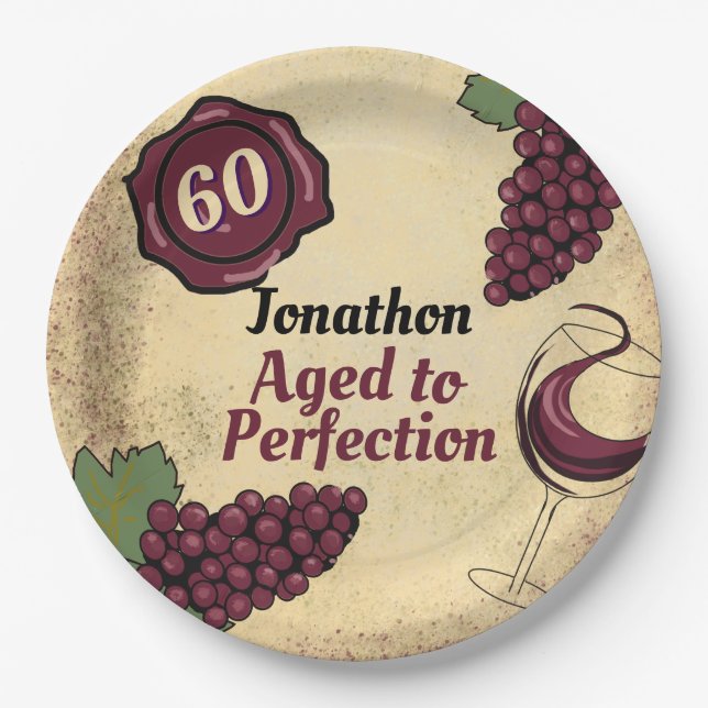 Aged to perfection birthday party wine tasting  paper plates (Front)