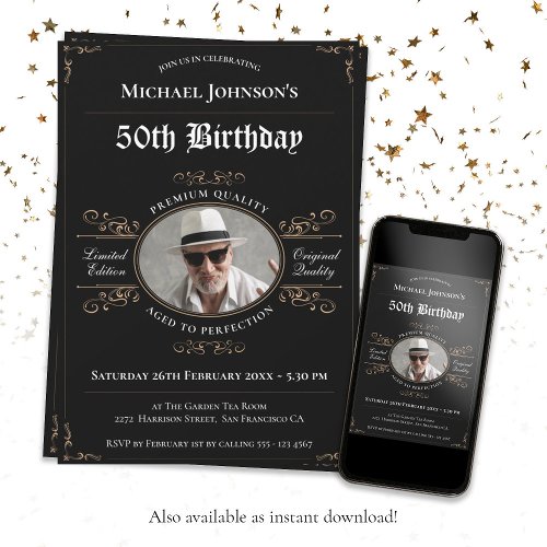 Aged to Perfection Black Gold Classy 50th Birthday Invitation