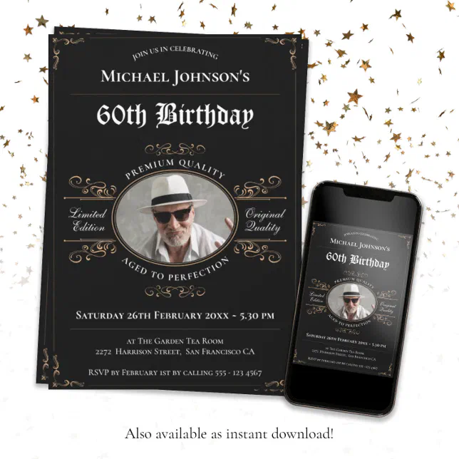 Aged to Perfection Black Gold Classy 60th Birthday Invitation | Zazzle