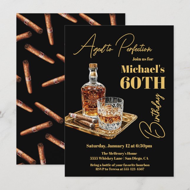 Aged to Perfection Bourbon Cigar Birthday Invitation (Front/Back)