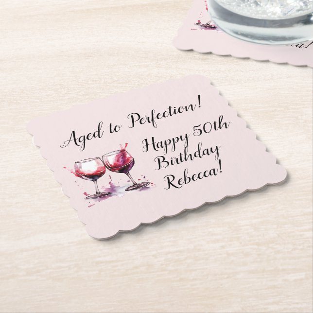 Aged to Perfection Customizable Wine Birthday Paper Coaster (Angled)
