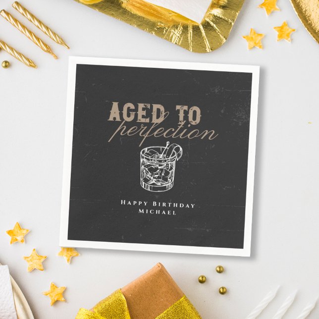 Aged to Perfection Elegant Whiskey Birthday Black  Napkins (Creator Uploaded)