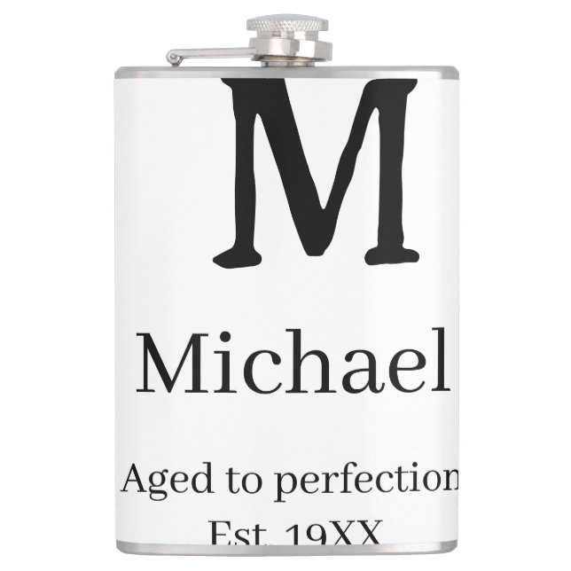 Aged to perfection est. 19XX monogram name letter  Flask (Front)