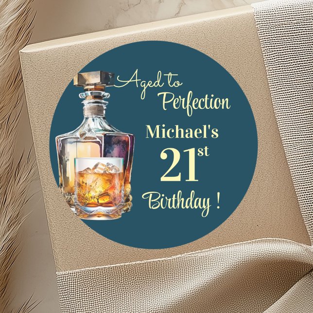 Aged to Perfection Men 21st Whiskey Birthday Classic Round Sticker (Creator Uploaded)