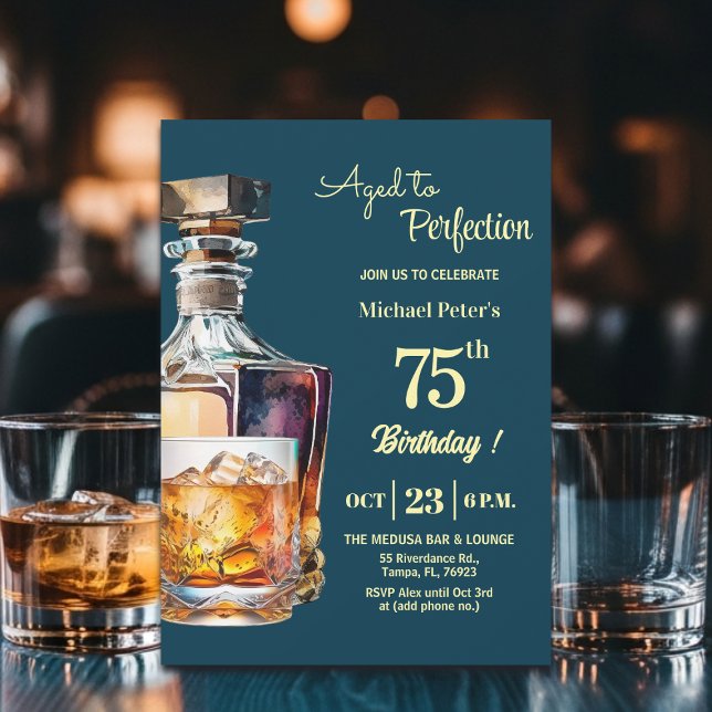Aged to Perfection Men 75th Whiskey Birthday  Invitation (Creator Uploaded)