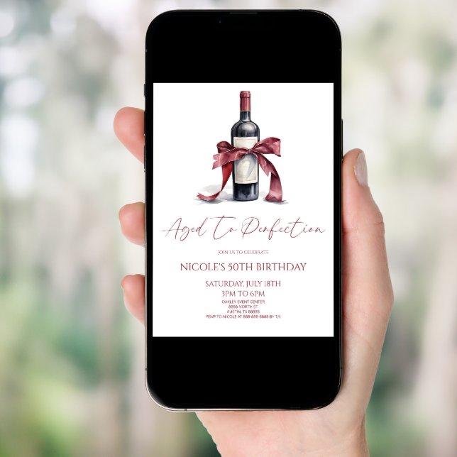Aged To Perfection Red Wine Bow Birthday Party Invitation (Front Digital)