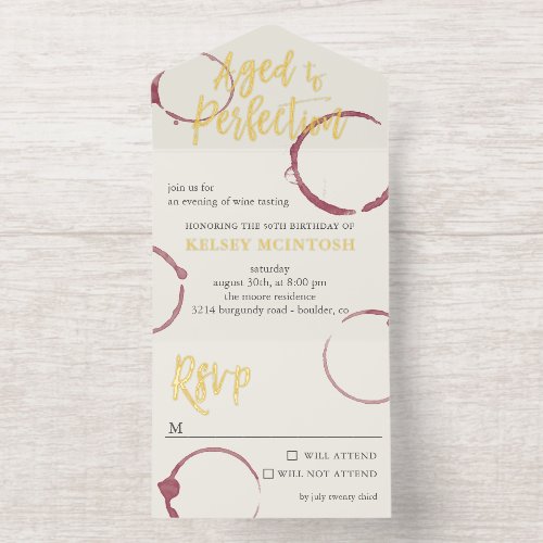 Aged to Perfection Stains Wine Tasting Party Gold All In One Invitation