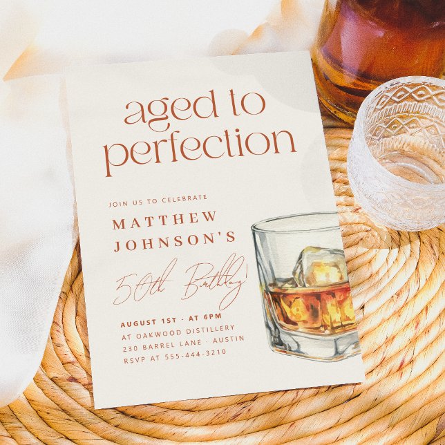 Aged to Perfection Whiskey Birthday Invitation (Card Front Mock-up)