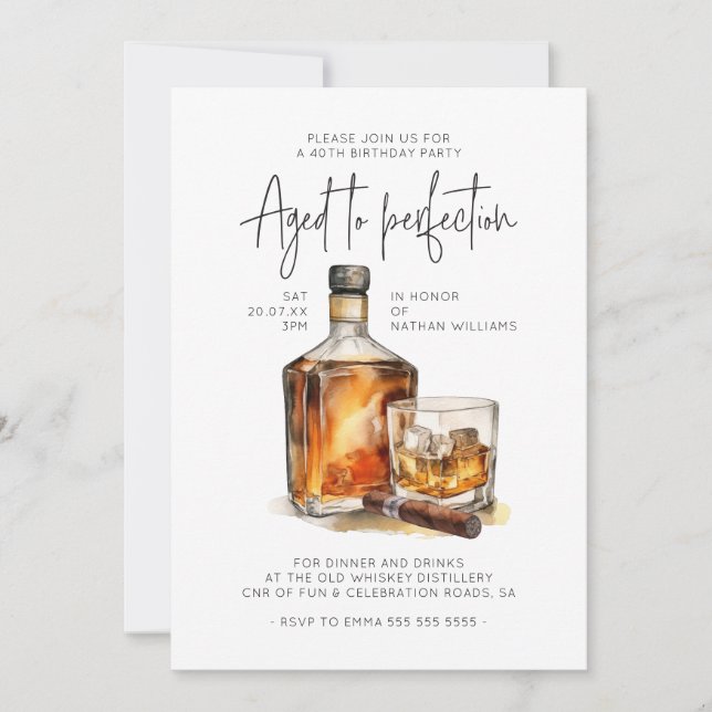 Aged to Perfection Whiskey & Cigar Men's Birthday Invitation (Front)