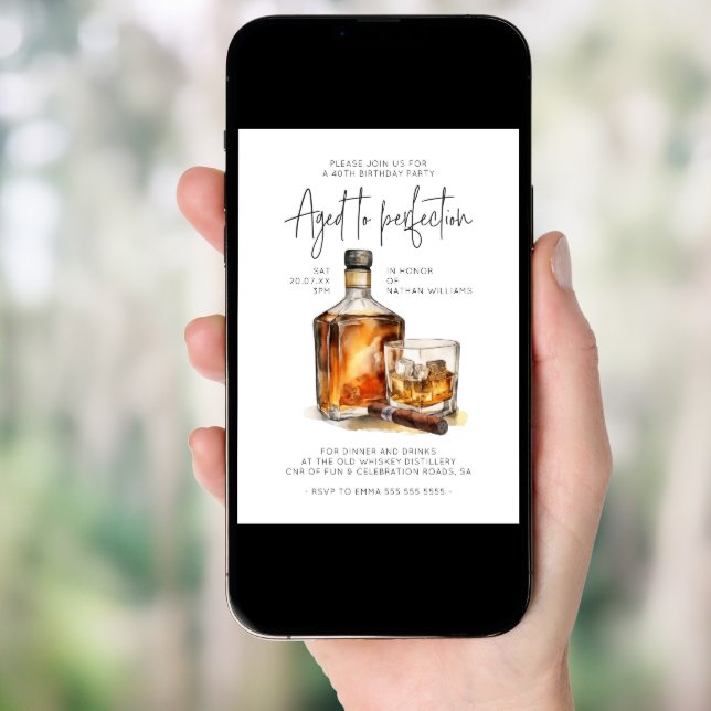 Aged to Perfection Whiskey & Cigar Men's Birthday Invitation (Front Digital)