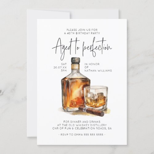 Aged to Perfection Whiskey  Cigar Mens Birthday Invitation