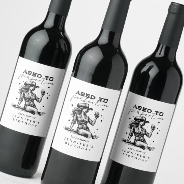 Aged to Perfection Whiskey Cowgirl Birthday Party  Wine Label (Creator Uploaded)