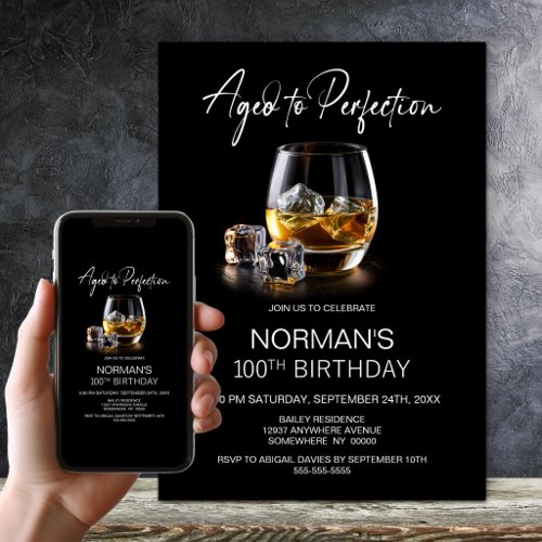 Aged to Perfection Whiskey Glass 100th Birthday Invitation