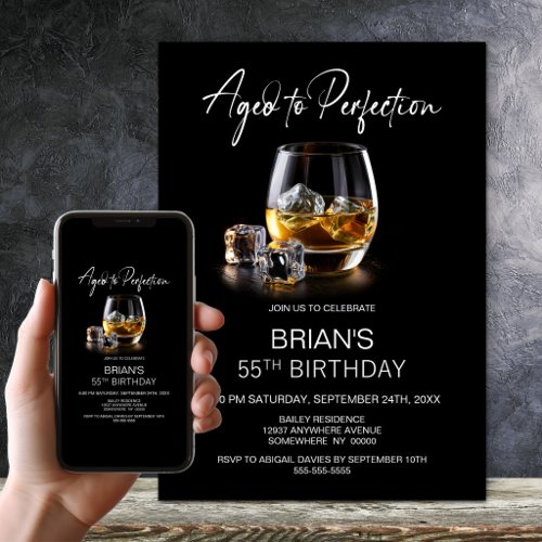Aged to Perfection Whiskey Glass 55th Birthday Invitation