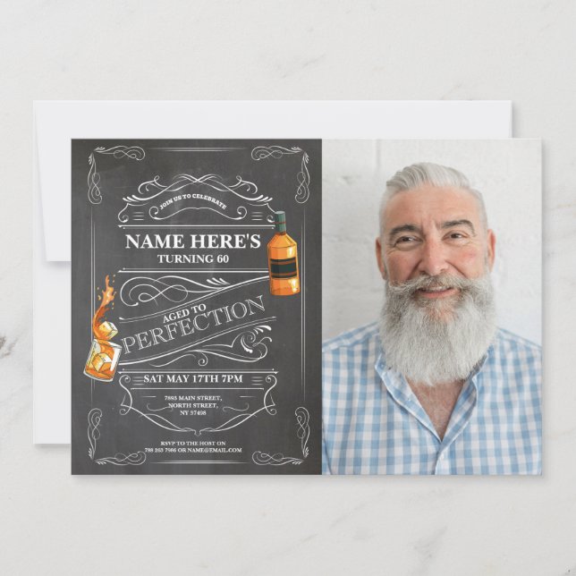 Aged to Perfection Whiskey Photo 60th Mens Photo Invitation (Front)