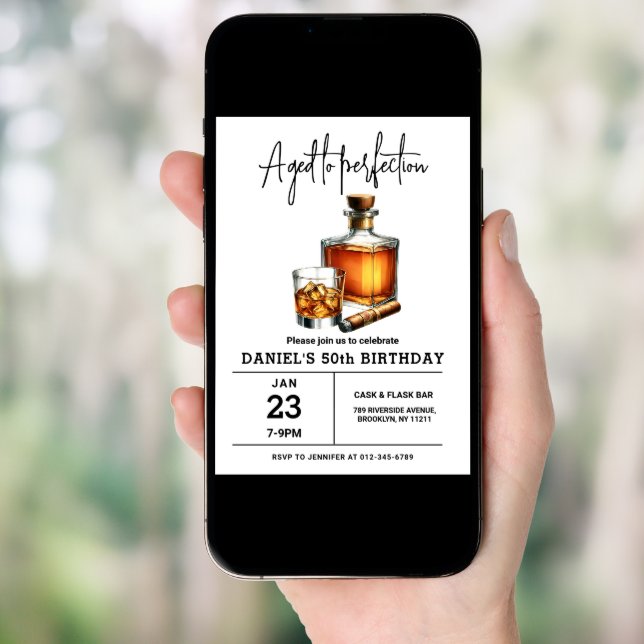 Aged to Perfection Whisky Cigar 50th Birthday Invitation (Front Digital)