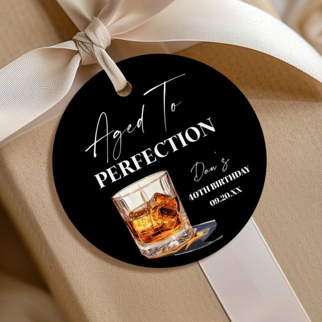Aged To Perfection Whisky Glass Birthday Party Favor Tags (Creator Uploaded)