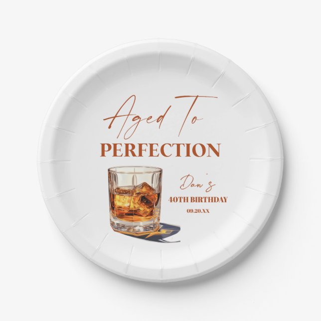 Aged To Perfection Whisky Glass Birthday Party Paper Plates (Front)