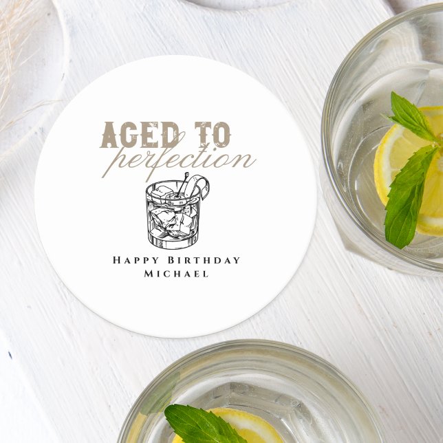 Aged to Perfection White Whiskey Birthday Party Round Paper Coaster (Creator Uploaded)