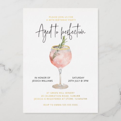 Aged to Perfection Wine Theme Real Gold Foil Invitation