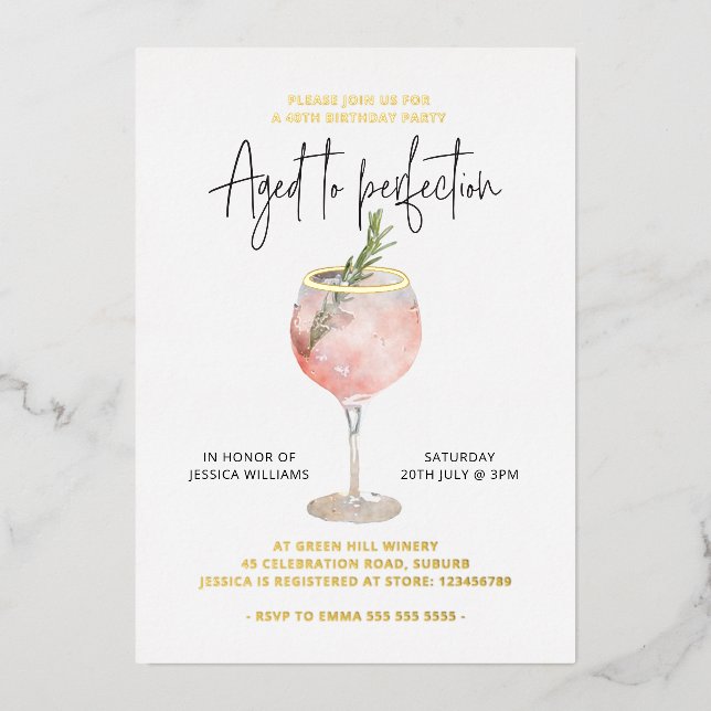 Aged to Perfection Wine Theme Real Gold Foil Invitation (Front)