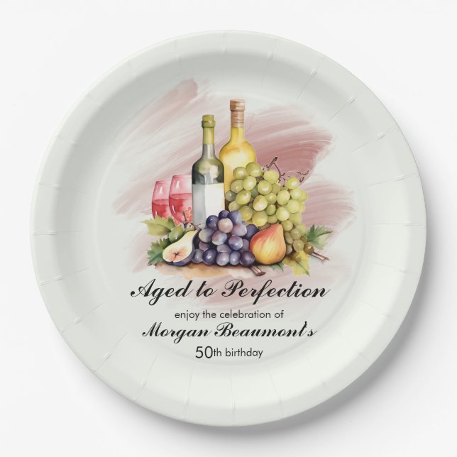 Aged to Perfection Wine Themed 50th Birthday Party Paper Plates (Front)