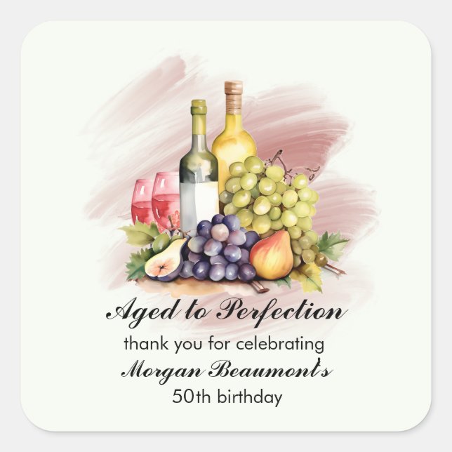 Aged to Perfection Wine Themed 50th Birthday Party Square Sticker (Front)