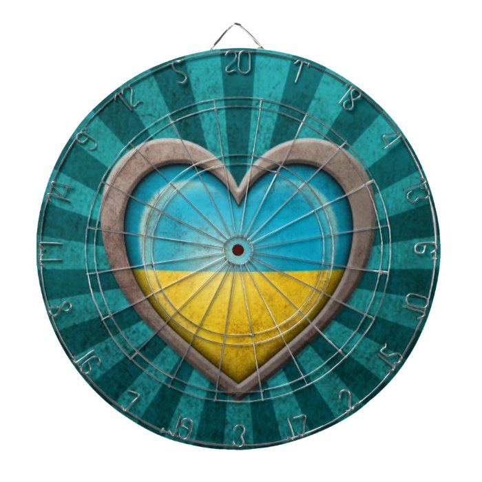 Aged Ukrainian Flag Heart with Light Rays Dartboards