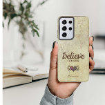 Aged Vintage Believe Heart with Angel Wings Name Samsung Galaxy S21 Ultra Case<br><div class="desc">Pretty phone case with a creamy colored background with an aged vintage look. Trendy typography urges you to "Believe--then become". The design includes a winged heart that has been digitally colored to coordinate with the background. This case is personalized with a name in a script style font in a size...</div>