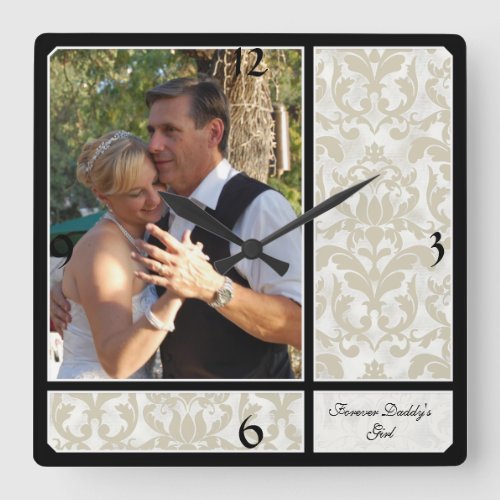 Aged Vintage Damask Pattern Wedding Photograph Square Wall Clock