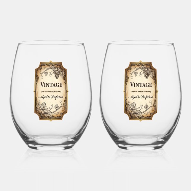 Aged Wine Style Birthday Bash Stemless Wine Glass (Front)