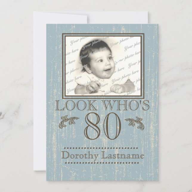 Aged Wood 80th Birthday Photo Blue Invitation (Front)