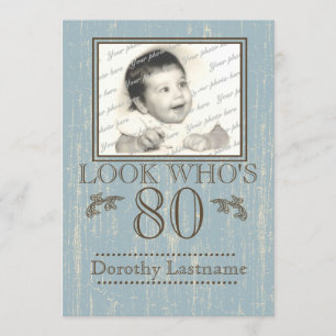 Aged Wood 80th Birthday Photo Blue Invitation