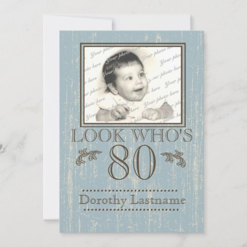 Aged Wood 80th Birthday Photo Blue Personalized Announcement