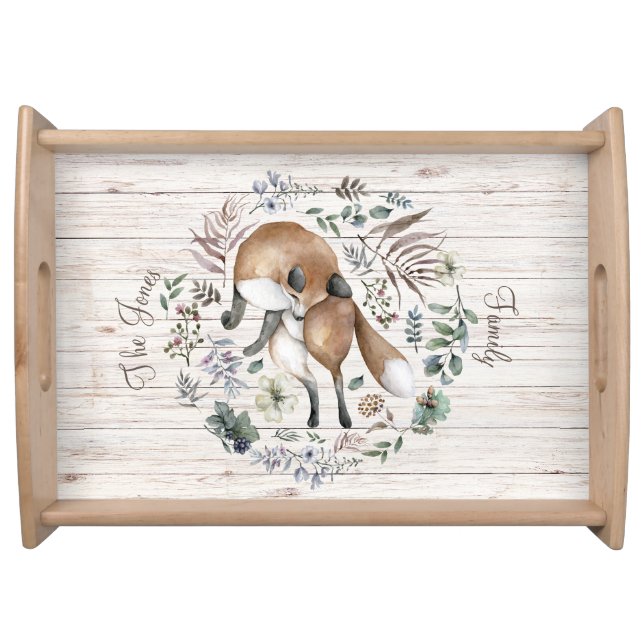 Aged Wood Monogram Name Floral Fox  Serving Tray (Front)