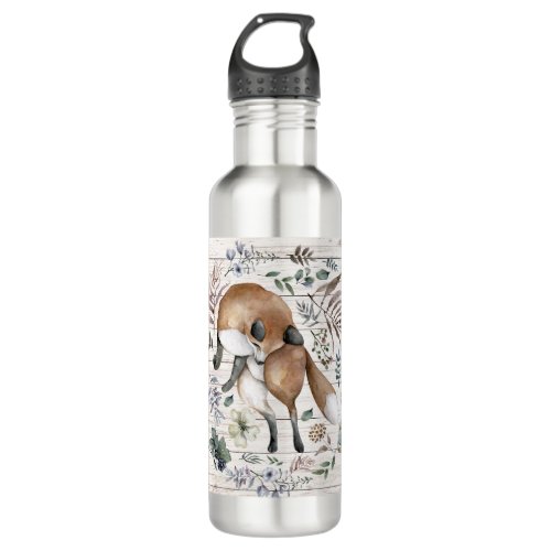 Aged Wood Monogram Name Floral Fox  Stainless Steel Water Bottle
