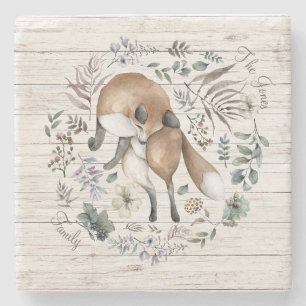 Aged Wood Monogram Name Floral Fox  Stone Coaster