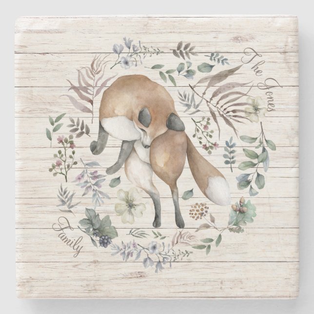 Aged Wood Monogram Name Floral Fox  Stone Coaster (Front)