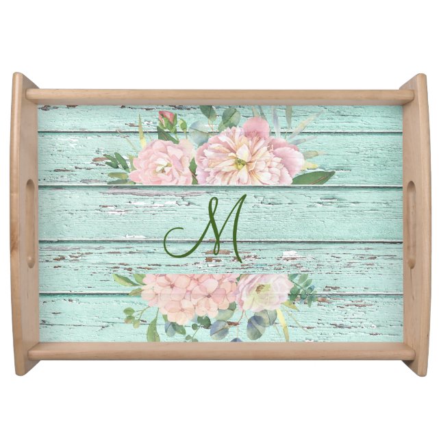 Aged Wood Monogram Name with Hydrangea Bloom  Serving Tray (Front)