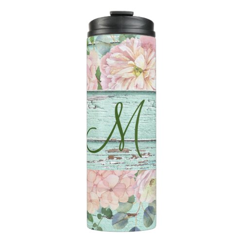 Aged Wood Monogram Name with Hydrangea Bloom  Thermal Tumbler